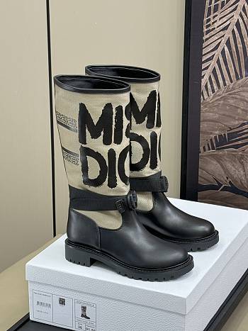 Dior D-Major Boot Warm Taupe Technical Canvas with Black Miss Dior Graffiti Print and Black Calfskin