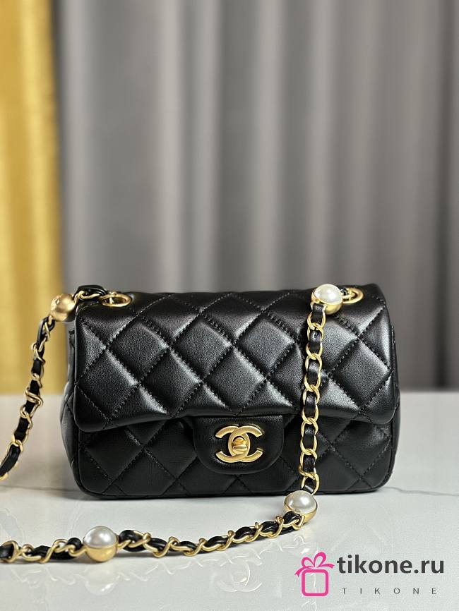 Chanel Mini Flap Bag Shiny Lambskin Imitation Pearls & Gold Tone Metal Black - 12×20×6cm - 1