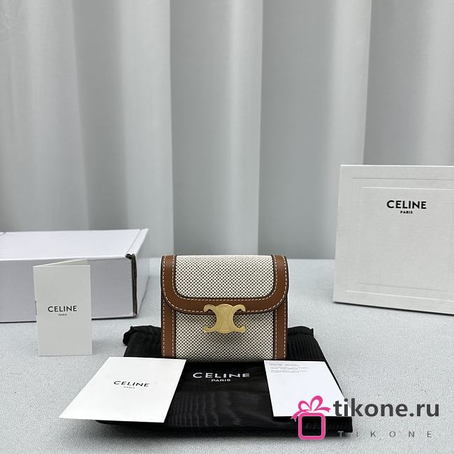 Celine Small Flap Wallet Triomphe In Textile And Calfskin Natural/ Brown - 10.5x8.5x4cm - 1