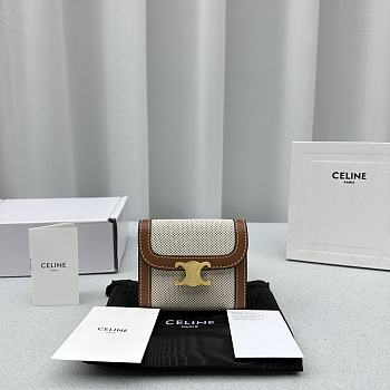 Celine Small Flap Wallet Triomphe In Textile And Calfskin Natural/ Brown - 10.5x8.5x4cm