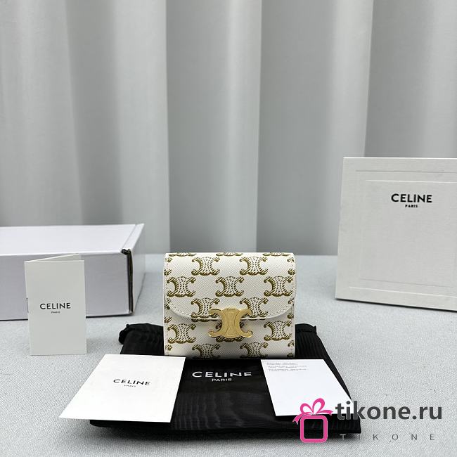 Celine Small Flap Wallet Triomphe In Triomphe Canvas White/ Tan - 10.5x8.5x4cm - 1