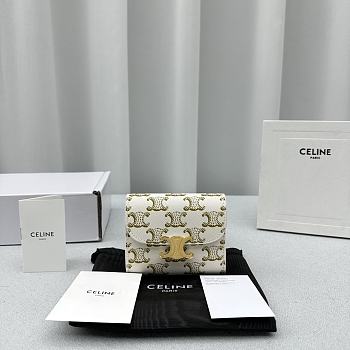 Celine Small Flap Wallet Triomphe In Triomphe Canvas White/ Tan - 10.5x8.5x4cm