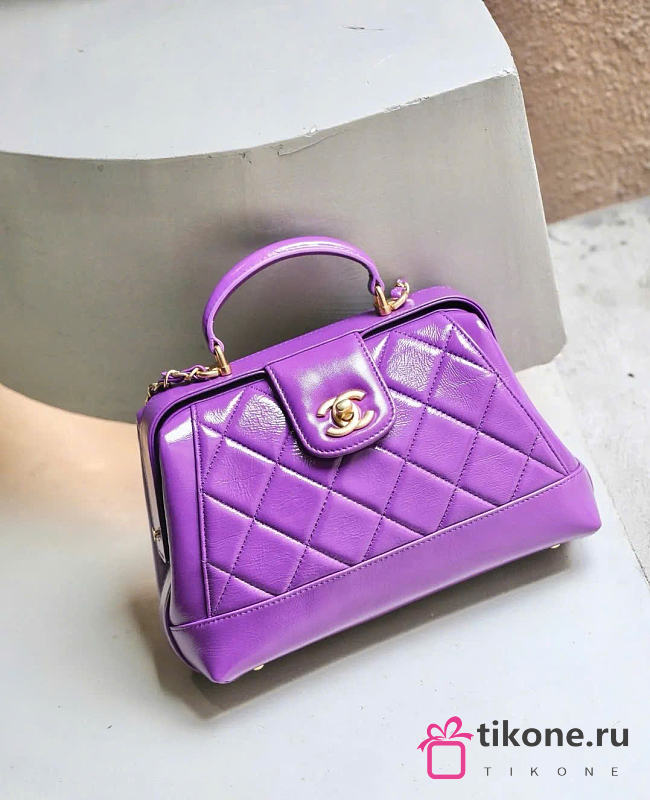 Chanel Small Bag with Top Handle Shiny Lambskin & Gold Tone Metal Purple - 16×23.5×8cm  - 1