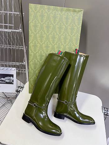 Gucci Women's Slim Horsebit Boot Dark Green Shiny Leather