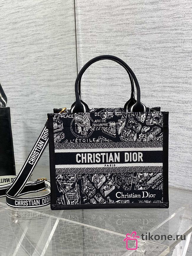 Small Dior Book Tote Black and White Plan de Paris Embroidery with Black Calfskin - 26.5x22x14cm - 1