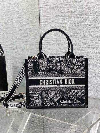 Small Dior Book Tote Black and White Plan de Paris Embroidery with Black Calfskin - 26.5x22x14cm