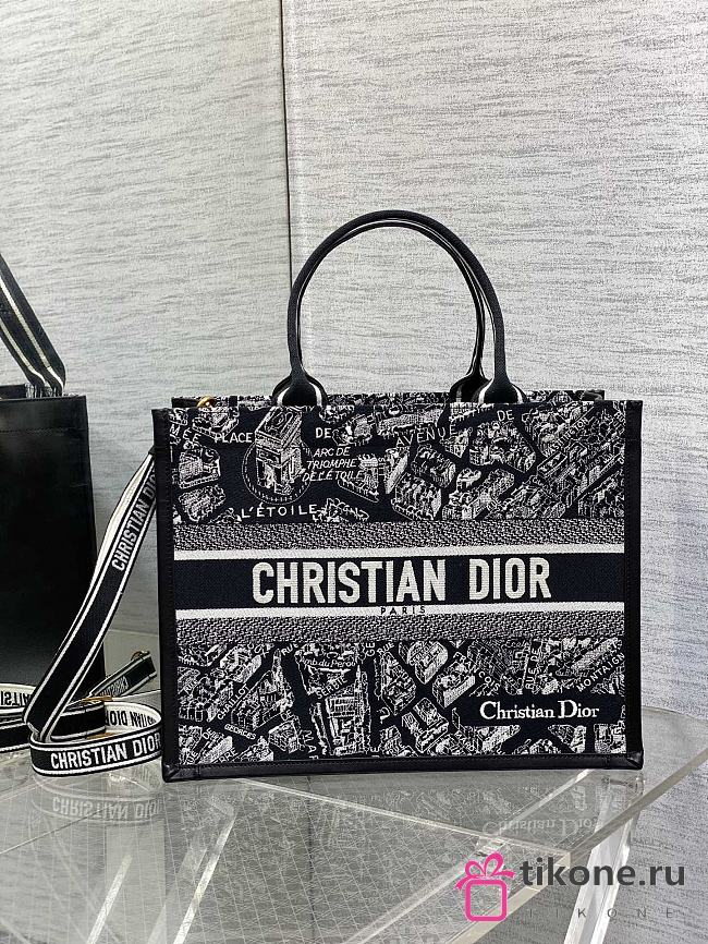 Medium Dior Book Tote Black and White Plan de Paris Embroidery with Black Calfskin - 36.5x28x16.5cm - 1