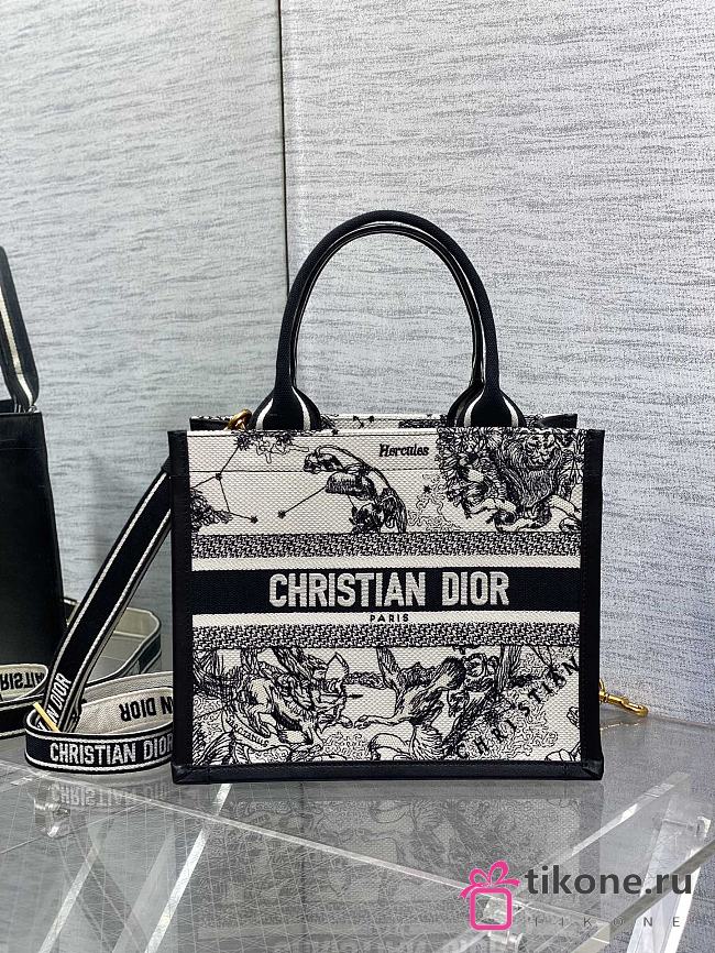 Small Dior Book Tote Latte and Black Dior Zodiac Embroidery with Black Calfskin - 26.5x22x14cm - 1