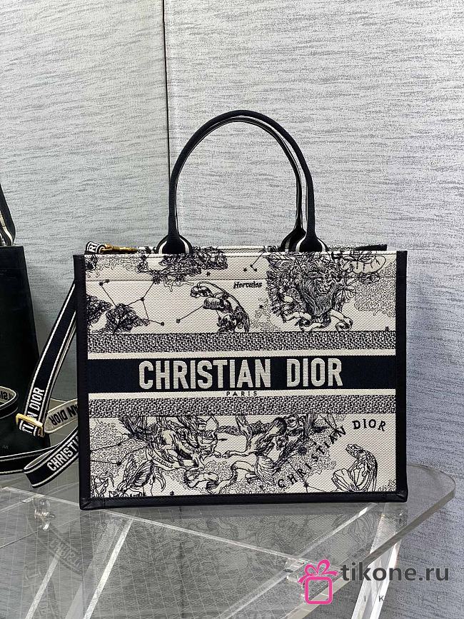 Medium Dior Book Tote Latte and Black Dior Zodiac Embroidery with Black Calfskin - 36.5x28x16.5cm - 1