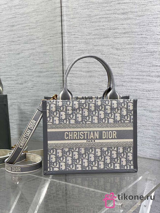 Small Dior Book Tote Gray Dior Oblique Embroidery and Calfskin - 26.5x22x14cm - 1