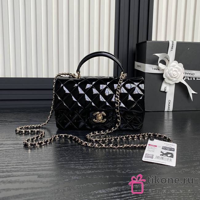 Chanel Mini Classic Handbag With Top Handle Patent Calfskin Gold Tone Metal Black - 12×20×6cm - 1