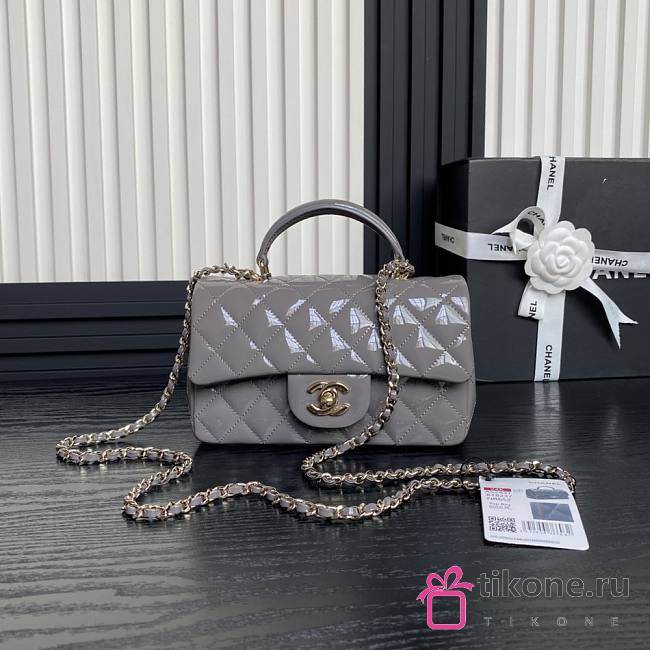 Chanel Mini Classic Handbag With Top Handle Patent Calfskin Gold Tone Metal Gray - 12×20×6cm - 1