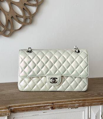 Chanel Classic Pearlescent White Caviar Silver Hardware Bag - 15.5×25.5×6.5cm