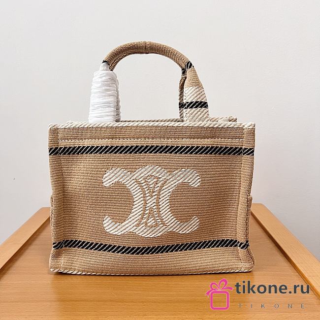 Celine Small Cabas Thais In Striped Textile With Triomphe Beige Black - 25.5x18.5x12cm - 1