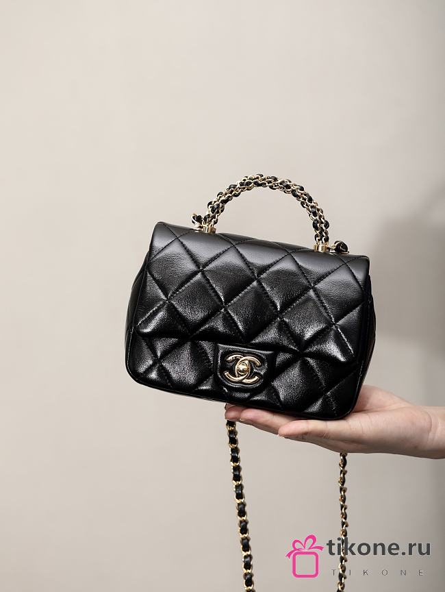 Chanel Mini Flap Bag with Top Handle Shiny Lambskin Gold Tone Metal Black - 14×19×8.5cm  - 1