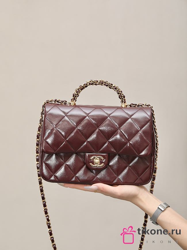 Chanel Small Flap Bag with Top Handle Shiny Lambskin Gold Tone Metal Burgundy - 25×17×8cm  - 1