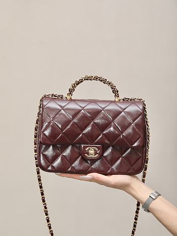 Chanel Small Flap Bag with Top Handle Shiny Lambskin Gold Tone Metal Burgundy - 25×17×8cm 