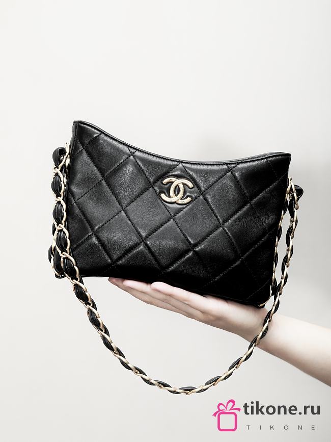 Chanel Hobo Handbag Lambskin Gold Tone Metal Black - 17×24×5cm  - 1