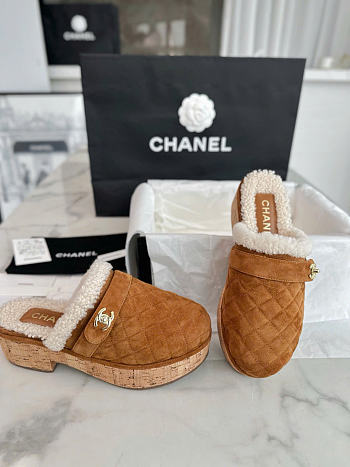 Chanel Suede Calfskin Shearling Turn Lock Clogs Brown