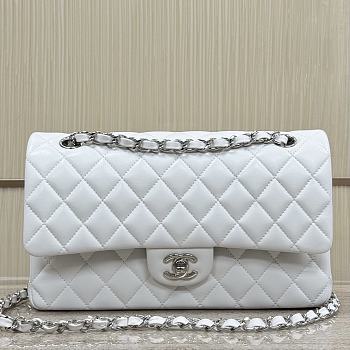 Chanel Classic White Lamskin Silver Hardware Bag - 15.5×25.5×6.5cm