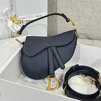 Dior Mini Saddle Bag with Strap Navy Grained Calfskin - 19x15x6cm