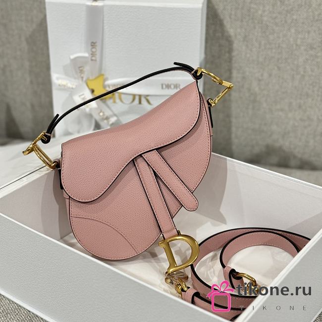 Dior Mini Saddle Bag with Strap Pink Grained Calfskin - 19x15x6cm - 1