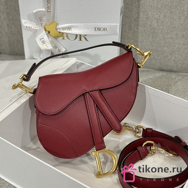 Dior Mini Saddle Bag with Strap Red Grained Calfskin - 19x15x6cm - 1