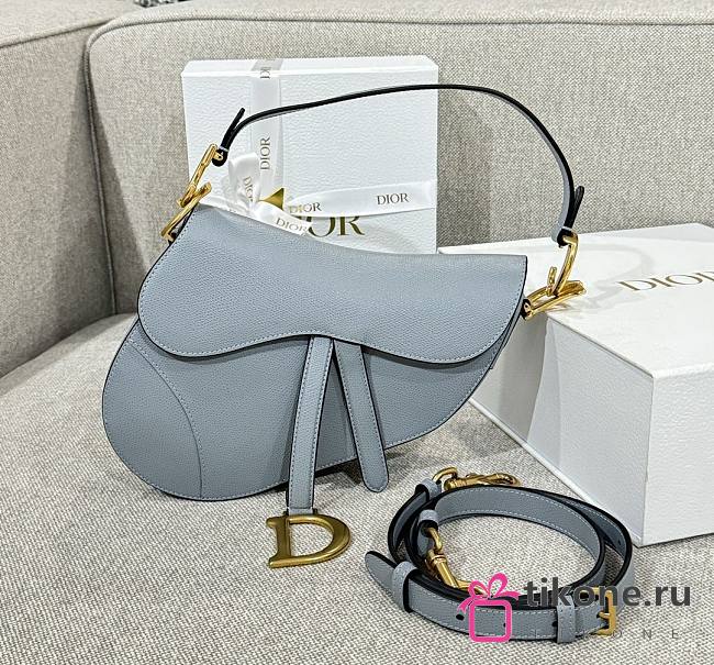 Dior Saddle Bag with Strap Light Blue Grained Calfskin - 25.5x20x6.5cm - 1