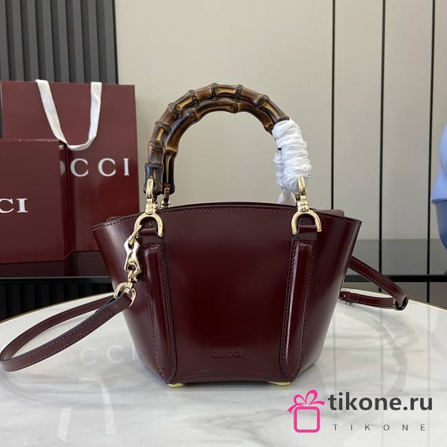 Gucci Mini Bamboo Top Handle Tote Bag Burgundy Shiny Leather - 16-27x14x11.5cm - 1