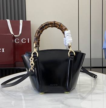 Gucci Mini Bamboo Top Handle Tote Bag Black Shiny Leather - 16-27x14x11.5cm