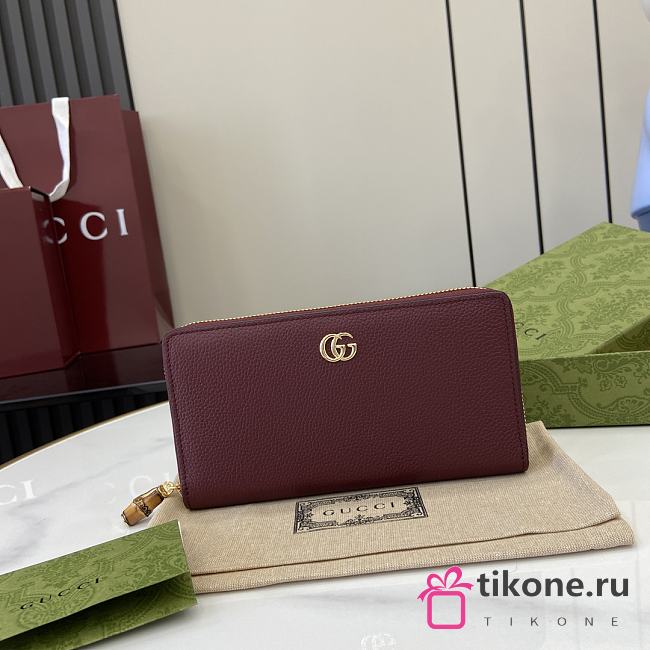 Gucci Zip Around Wallet  With Bamboo Burgundy - 19.5x11x3cm - 1