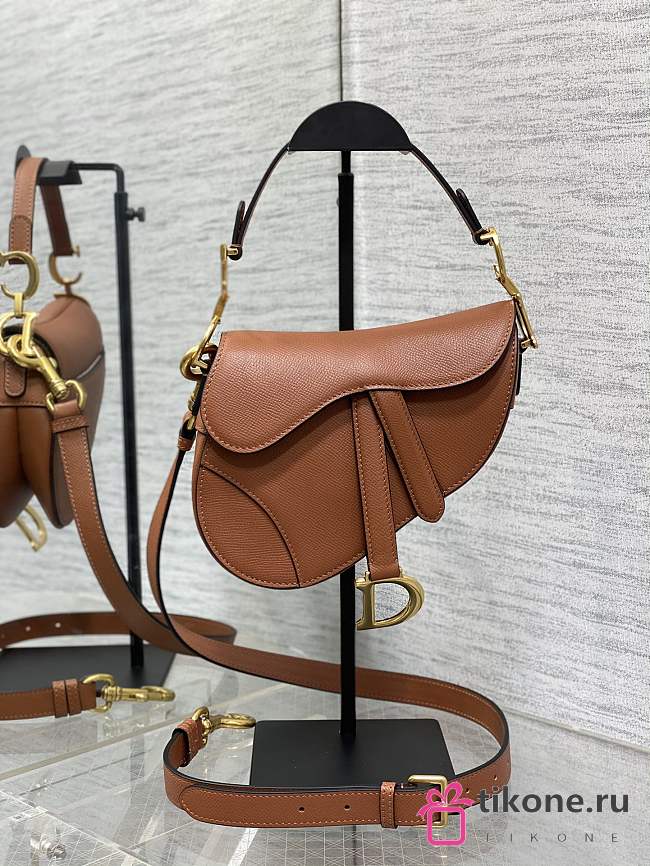 Dior Mini Saddle Bag with Strap Brown Grained Calfskin - 19x15x6cm - 1