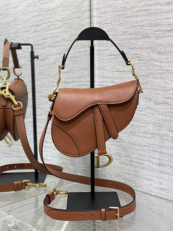 Dior Mini Saddle Bag with Strap Brown Grained Calfskin - 19x15x6cm