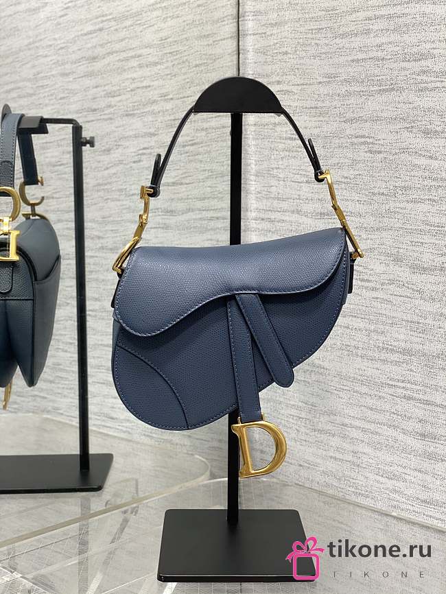 Dior Mini Saddle Bag with Strap Retro Blue Grained Calfskin - 19x15x6cm - 1