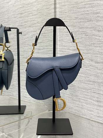 Dior Mini Saddle Bag with Strap Retro Blue Grained Calfskin - 19x15x6cm