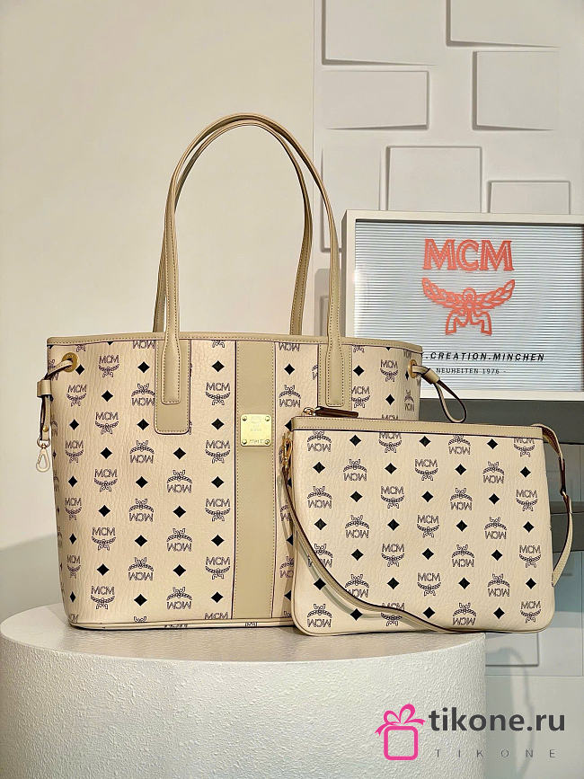 MCM Liz Double Sided Shopper In Visetos Beige Black - 36x17x28cm - 1