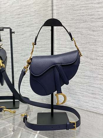 Dior Mini Saddle Bag with StrapDeep Ocean Blue Grained Calfskin - 19x15x6cm