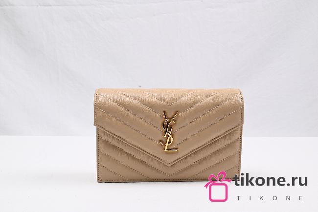 YSL Cassandre Envelope Chain Wallet In Grain De Poudre Leather Dark Beige - 19x12.5x3.5cm - 1