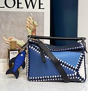 Loewe Small Puzzle Bag Blue White Tricolour Calfskin Crochet Trim - 24x10x14cm - 1