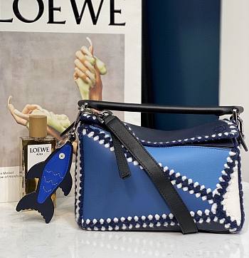 Loewe Small Puzzle Bag Blue White Tricolour Calfskin Crochet Trim - 24x10x14cm