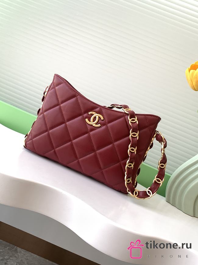 Chanel Hobo Handbag Lambskin Gold Tone Metal Burgundy - 17×24×5cm  - 1