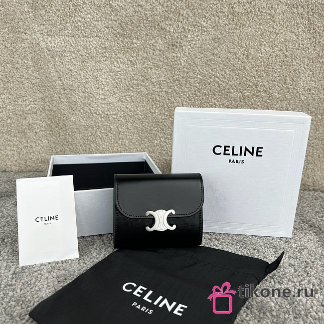 Celine Small Flap Wallet Triomphe In Shiny Calfskin Black - 10.5x8.5x4cm - 1