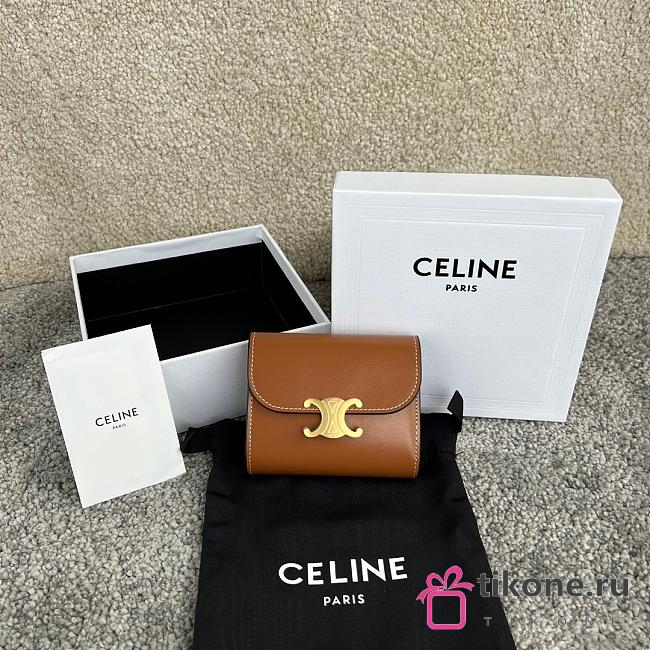 Celine Small Flap Wallet Triomphe In Shiny Calfskin Brown - 10.5x8.5x4cm - 1