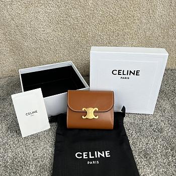 Celine Small Flap Wallet Triomphe In Shiny Calfskin Brown - 10.5x8.5x4cm