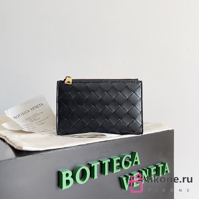 Bottega Veneta Medium Intrecciato Bi Fold Zip Wallet Black - 14.5x9.3x2cm - 1