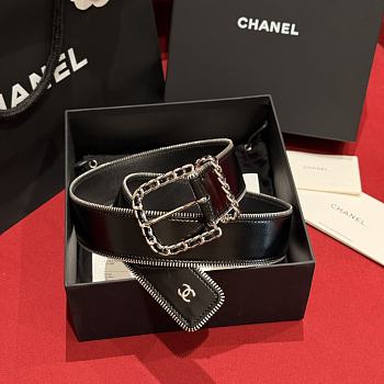 Chanel Belt Calfskin Metal Black Silver 4.8cm