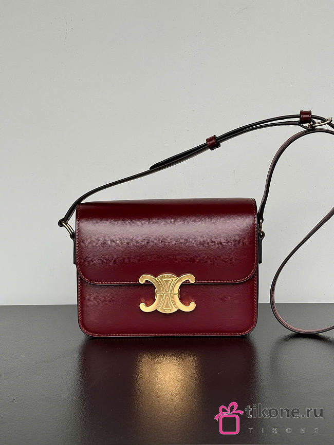 Celine Teen Triomphe Bag In Shiny Calfskin Teen Burgundy - 18.5x13.5x7cm - 1