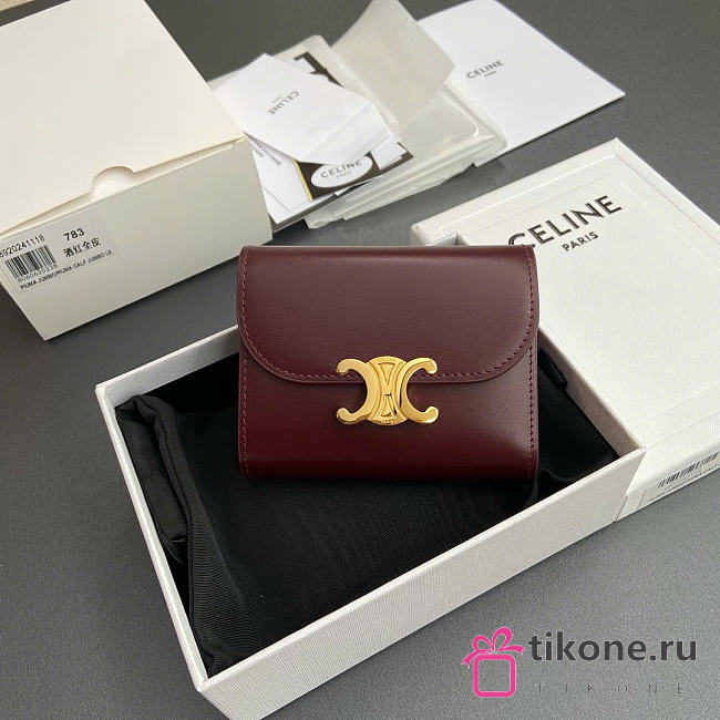 Celine Small Flap Wallet Triomphe In Shiny Calfskin Burgundy - 10.5x8.5x4cm - 1