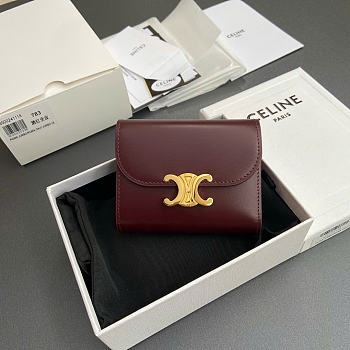 Celine Small Flap Wallet Triomphe In Shiny Calfskin Burgundy - 10.5x8.5x4cm