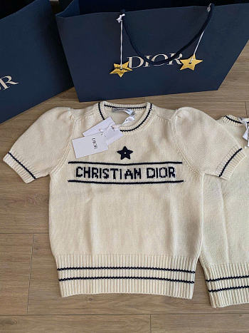 Dior Short Sleeved Sweater Ecru Wool and Cashmere Knit Beige